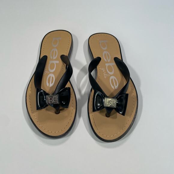 🛍️4 for $20🛍️ Bebe Girls Size 5 Bow Flip Flops Sandals Shoes Black Silver - Picture 2 of 7